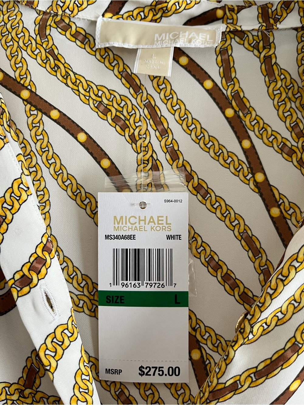 Michael Kors White Chain-Print Blouse Size L